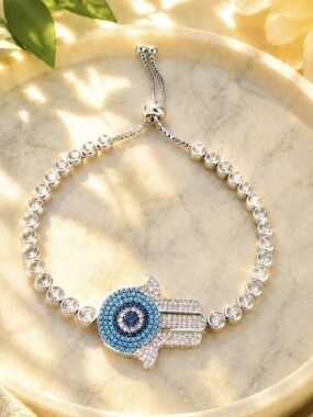 Silver Tone  Hamsa Evil Eye Bracelet with Blue Accents
